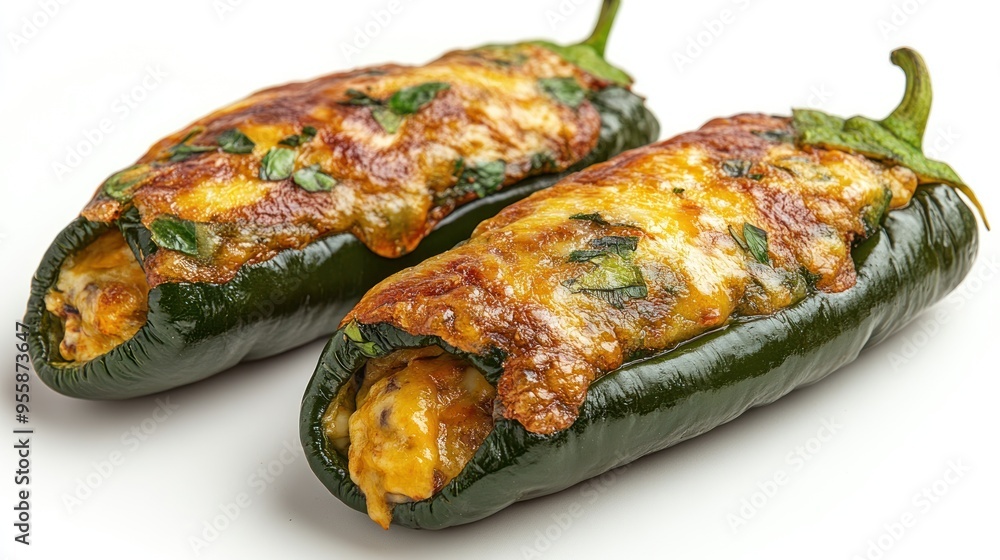 Two Stuffed and Baked Green Peppers with Cheese and Herbs Two Stuffed and Baked Green Peppers with Cheese and Herbs