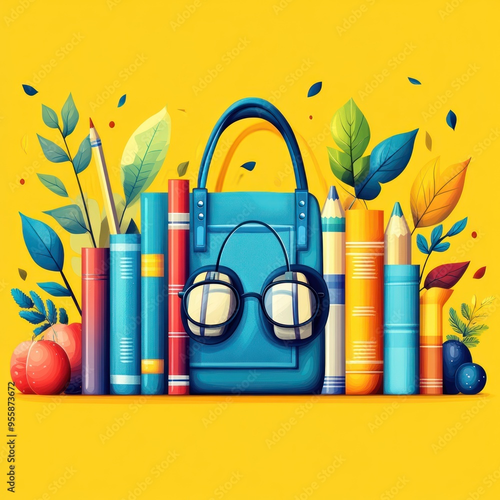 Back to School Illustration with Books, Bag, Pencils, and Glasses Back to School Illustration with Books, Bag, Pencils, and Glasses