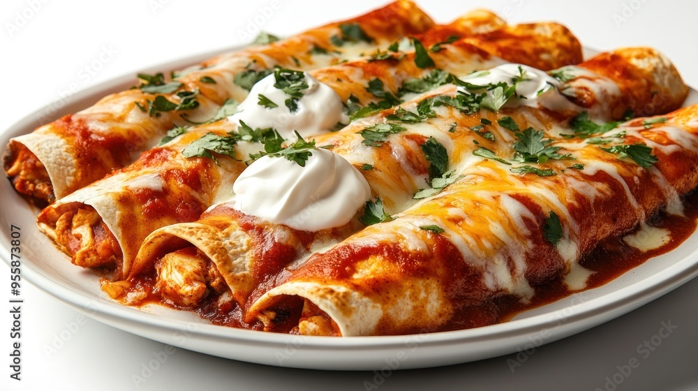 Close-up of Enchiladas with Cilantro, Sour Cream, and Cheese Sauce Close-up of Enchiladas with Cilantro, Sour Cream, and Cheese Sauce