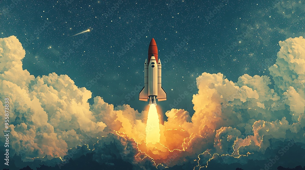 © Raitalinn - A space rocket launching through clouds at night, against a backdrop of stars, symbolizing exploration and ambition.