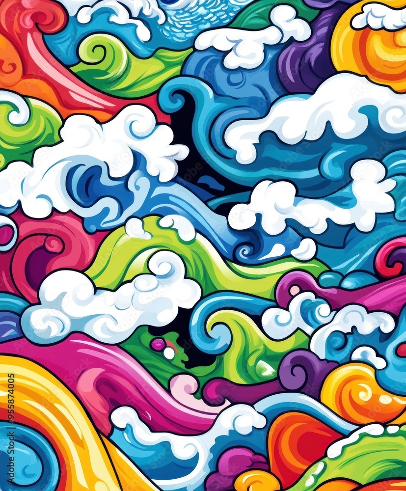 Obraz premium A vibrant, abstract representation of colorful waves and clouds in a whimsical style.