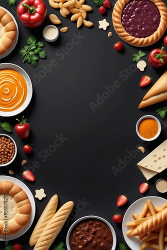 A template for food banner mockup with a copy space in the center, dark background, top view, vertical composition