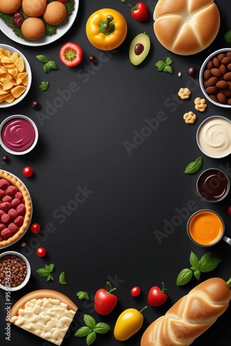 A template for food banner mockup with a copy space in the center, dark background, top view, vertical composition