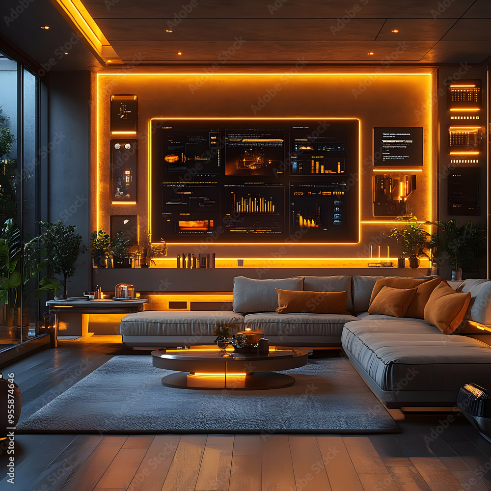 Modern Living Room Interior Design with Warm Lighting and Futuristic Screens 3D Illustration Modern Living Room Interior Design with Warm Lighting and Futuristic Screens 3D Illustration