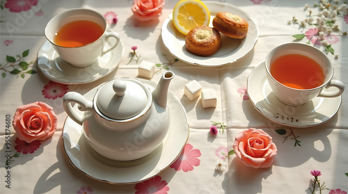 Tea Time Setup with Teapot, Teacups, and Assorted Pastries photo