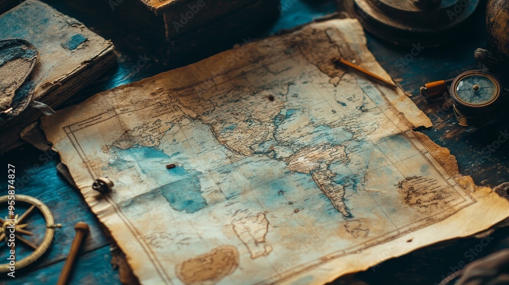 A close-up of an antique world map with a compass and an old book in ...