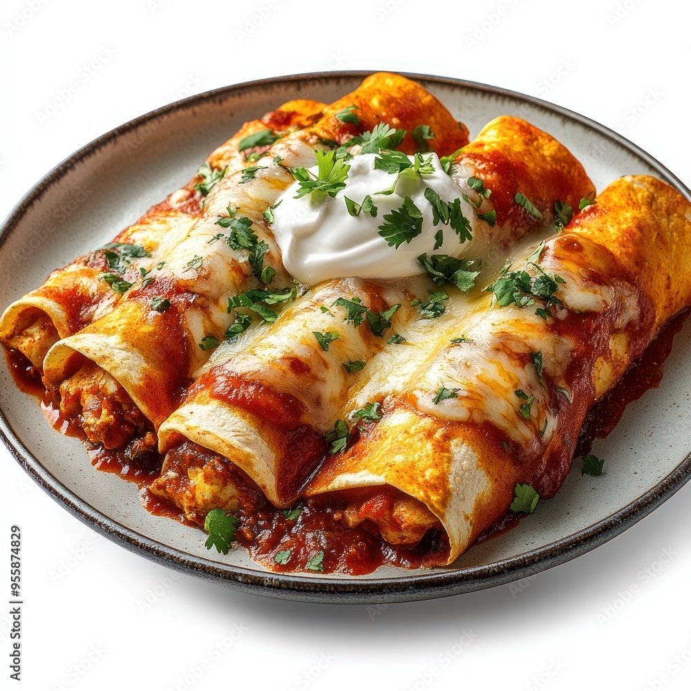 Four Enchiladas Topped with Cheese, Sour Cream, and Cilantro on a Plate Four Enchiladas Topped with Cheese, Sour Cream, and Cilantro on a Plate