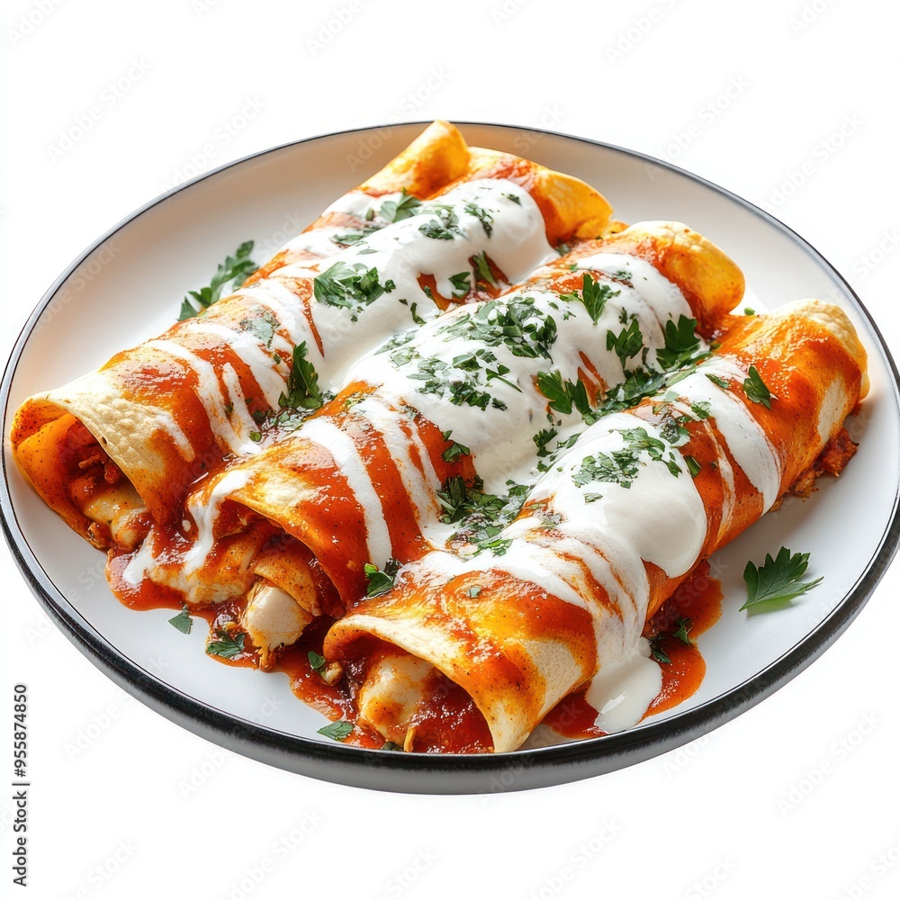 Three Enchiladas Topped with Sauce and Parsley on a Plate Three Enchiladas Topped with Sauce and Parsley on a Plate