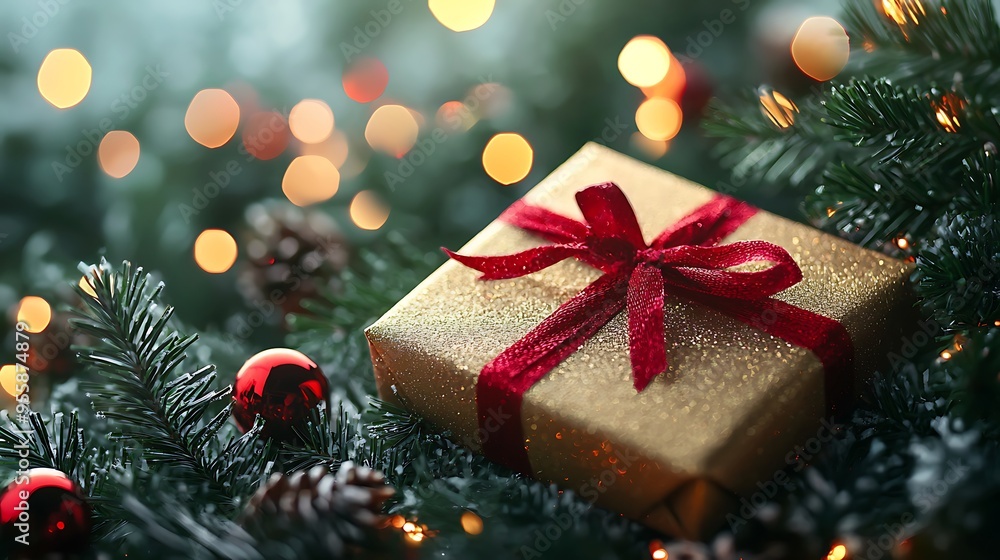 A Christmas gift nestled under the tree, bathed in the soft glow of lights. A Christmas gift nestled under the tree, bathed in the soft glow of lights.