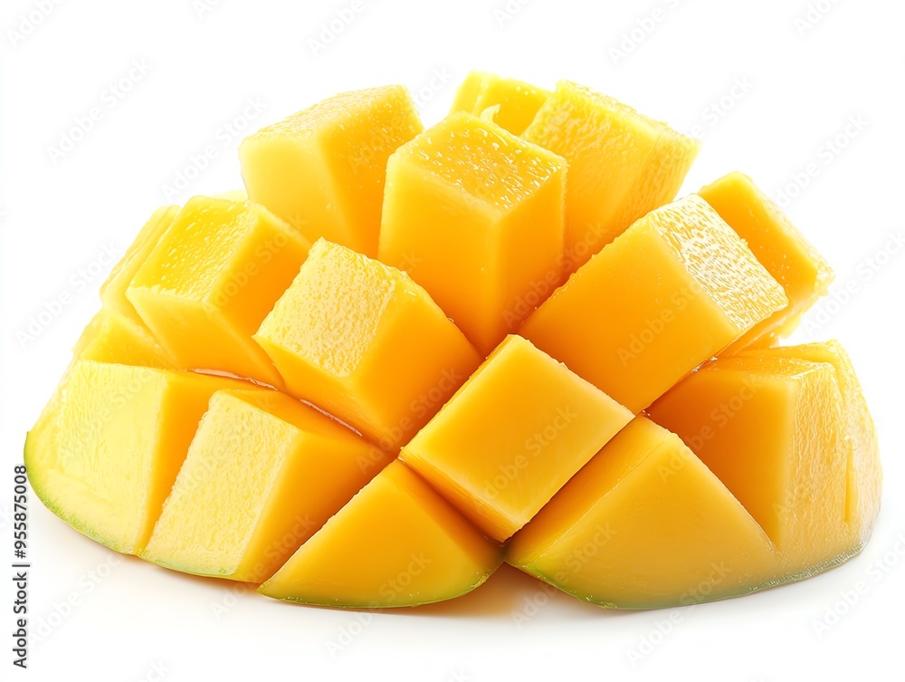 A close-up of a ripe mango, sliced into bite-sized pieces. The mango is a bright yellow color and has a smooth texture. The fruit is isolated against a white background. A close-up of a ripe mango, sliced into bite-sized pieces. The mango is a bright yellow color and has a smooth texture. The fruit is isolated against a white background.