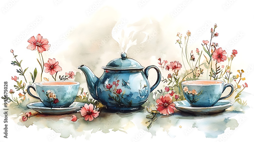 A delicate watercolor illustration of a teapot and teacups adorned with flowers, exuding elegance. A delicate watercolor illustration of a teapot and teacups adorned with flowers, exuding elegance.