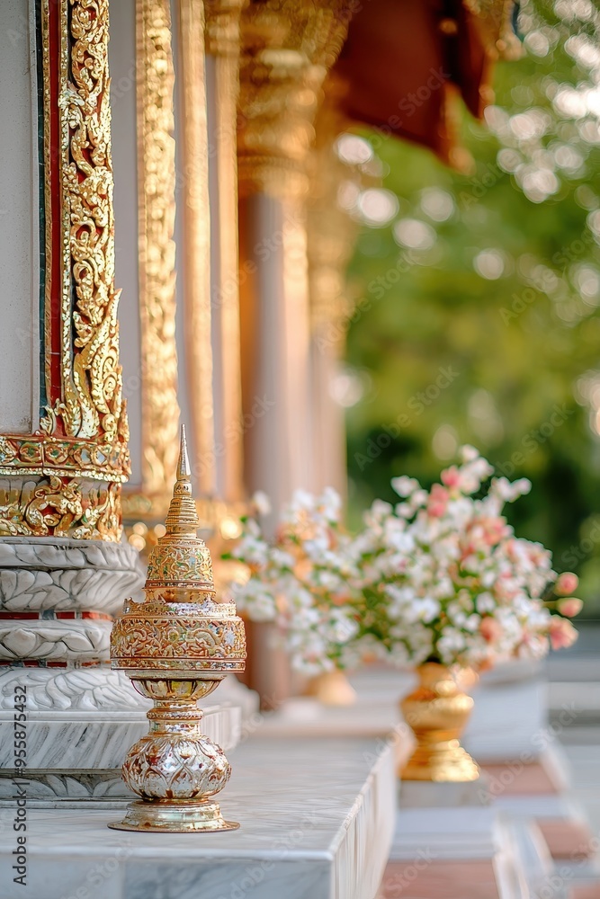 Obraz premium Golden Stupa and Floral Arrangement at a Thai Temple