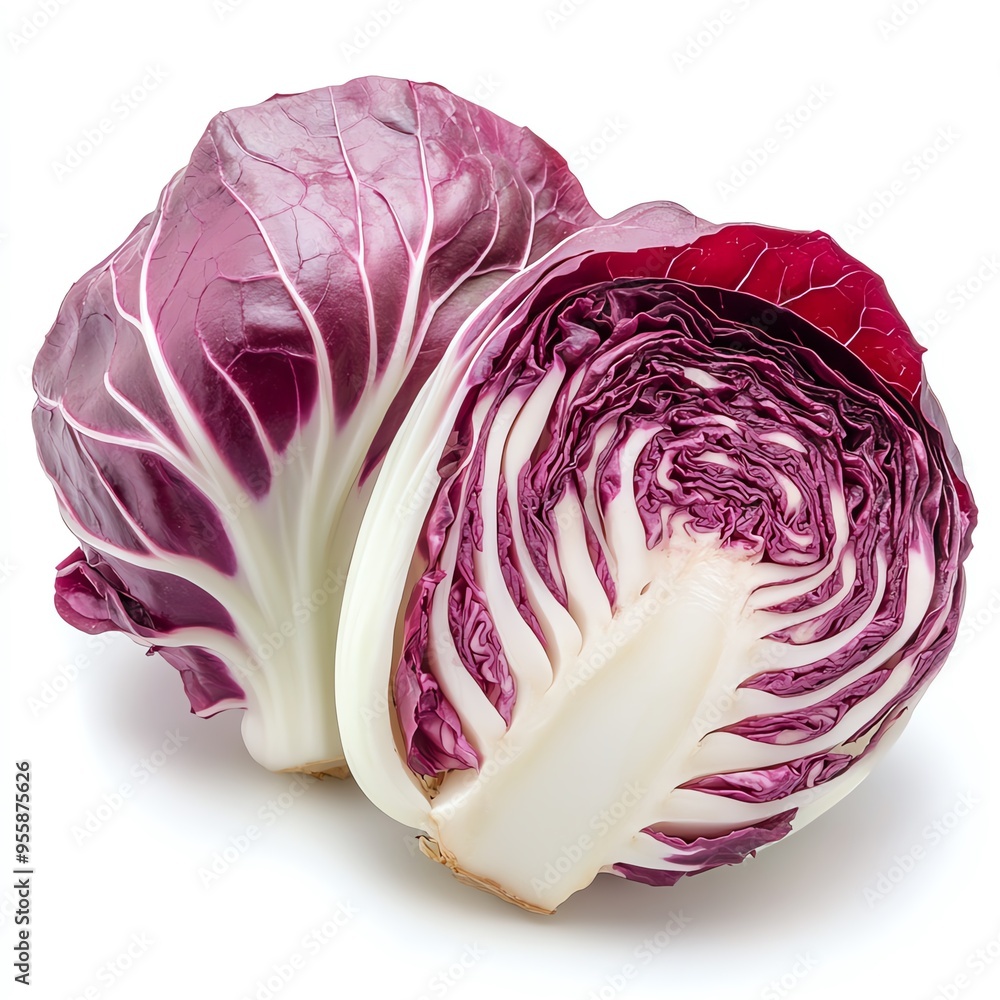Obraz premium A halved red radicchio lettuce with visible white core and vibrant red leaves. Isolated on a white background.