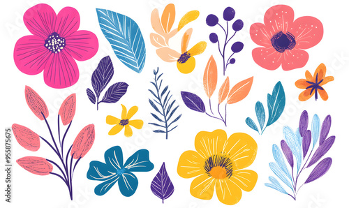 floral and leaf on white background in doodle-style tile designs with graphic format.