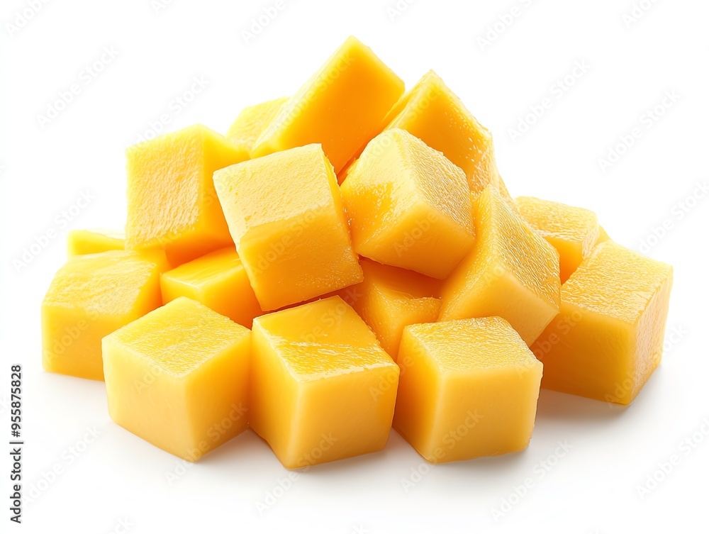 yellow mango slice as dice shapes, isolated on white background. yellow mango slice as dice shapes, isolated on white background.