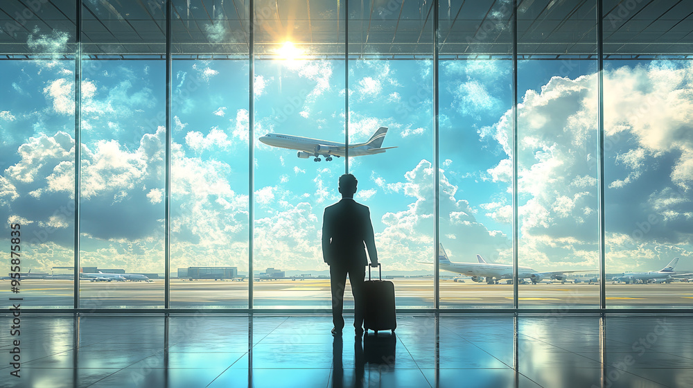 Man suitcase airport window airplane sky clouds. Generative AI Man suitcase airport window airplane sky clouds. Generative AI