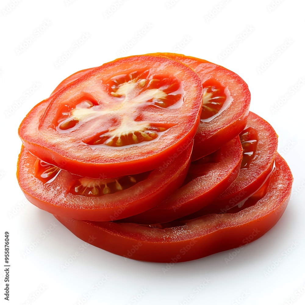 A stack of perfectly sliced red tomato on white background. A stack of perfectly sliced red tomato on white background.