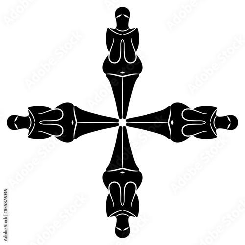 Square cross shape design with four female figurines from Dolni Vestonice, Czech Republic. Paleolithic Venus.  Great Mother archetype. Fertility goddess. Feminist symbol. Black and white silhouette.