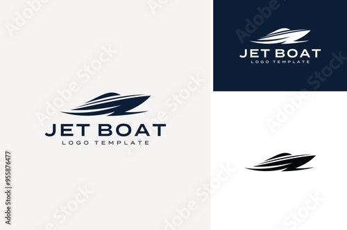Simple Minimalist Silhouette of Speedboat Jetboat Motorboat, or Boat with Motor with water sea ocean wave logo design