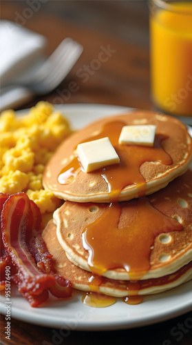 Classic American Breakfast with Pancakes, Bacon, and Maple Syrup photo