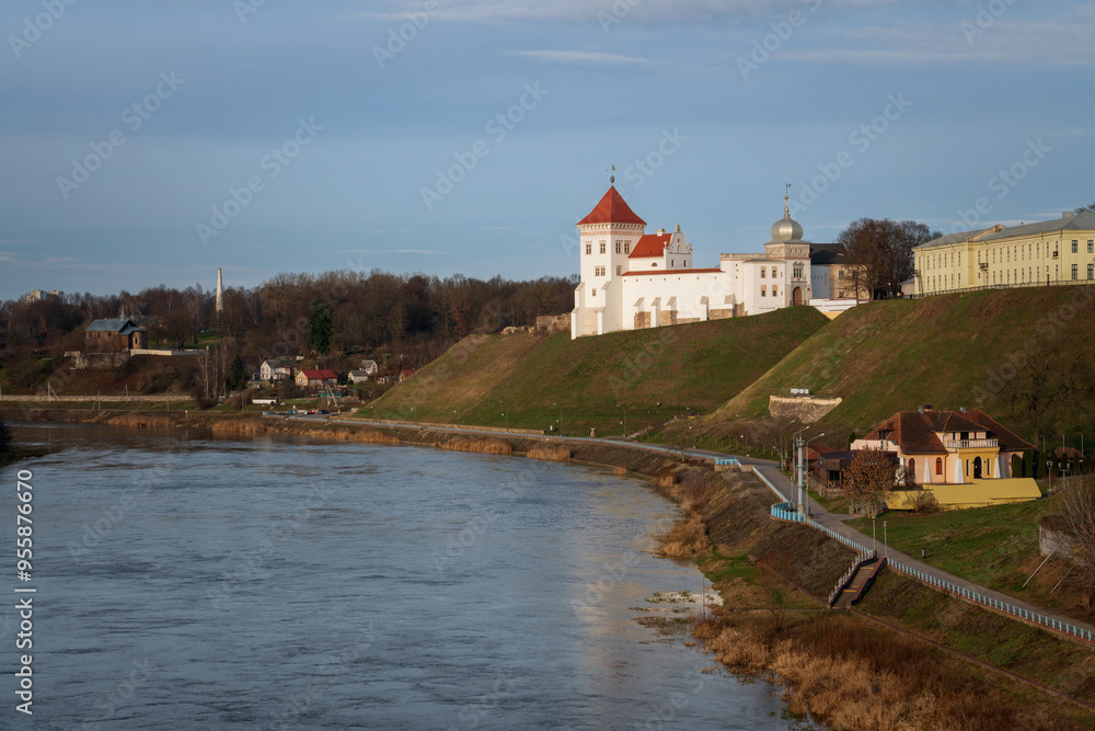 View of the Grodno Old Castle (Grodno Upper Castle) on the banks of the Neman River on a sunny day, Grodno, Belarus View of the Grodno Old Castle (Grodno Upper Castle) on the banks of the Neman River on a sunny day, Grodno, Belarus