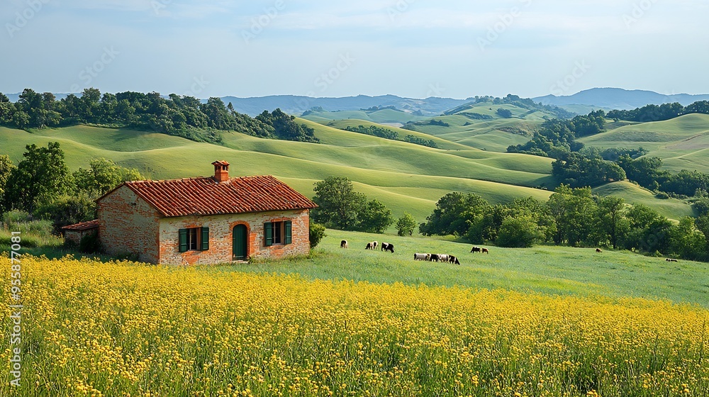 Serene countryside landscape a small farmhouse rolling hills and grazing animals Serene countryside landscape a small farmhouse rolling hills and grazing animals