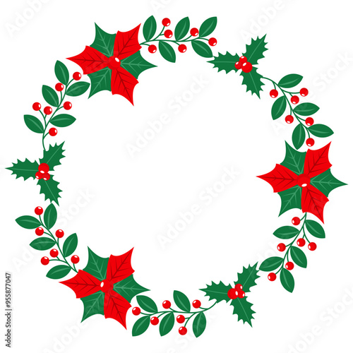 Christmas wreath with holly berries  frame and borders.Hand drawn