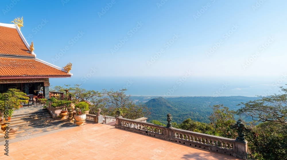Fototapeta premium Scenic View From Pagoda Terrace With Ocean and Mountains