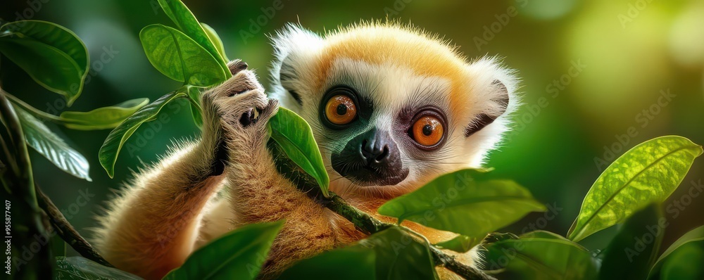 Endangered Silky sifaka lemur in Madagascar forest in a closeup shot with vibrant green foliage and the lemur in focus Endangered Silky sifaka lemur in Madagascar forest in a closeup shot with vibrant green foliage and the lemur in focus