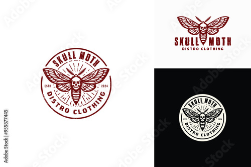 A wingspan of Moth with Human Skull Image on its Back Neck. Rustic Vintage Label Logo design