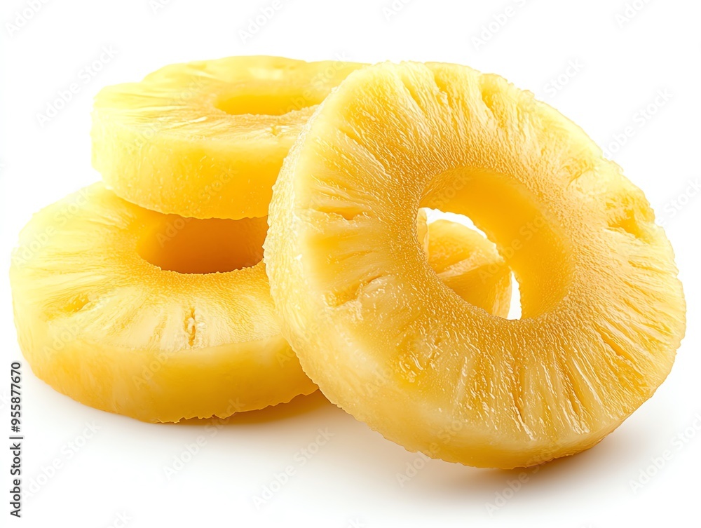 Closeup of three fresh pineapple rings isolated on white background. Closeup of three fresh pineapple rings isolated on white background.
