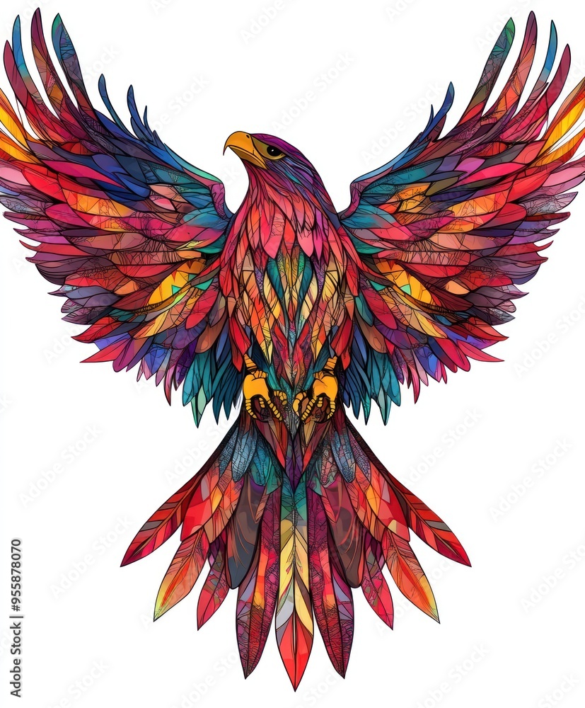 A vibrant, stained-glass style illustration of a majestic eagle with colorful feathers. A vibrant, stained-glass style illustration of a majestic eagle with colorful feathers.