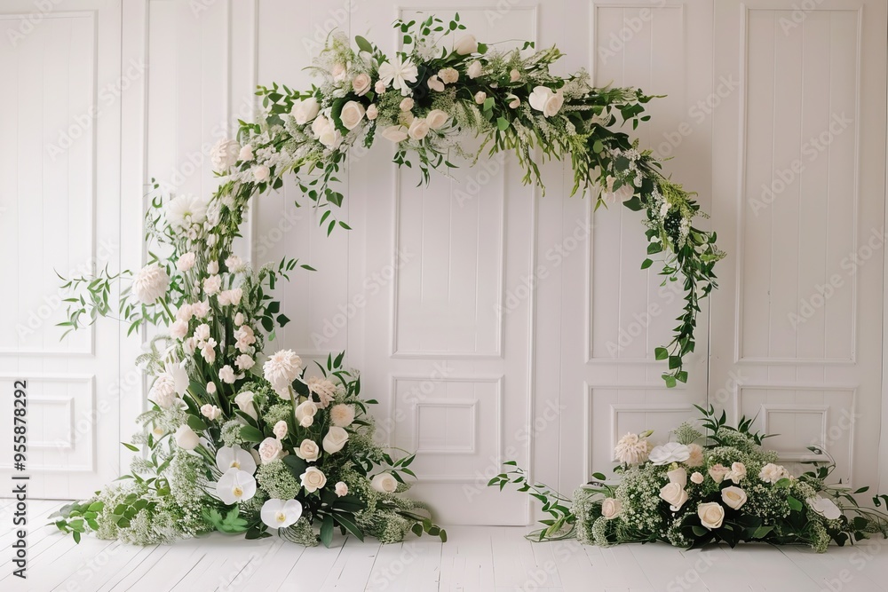 Naklejka premium Elegant White Floral Archway Against a White Wall for a Wedding Ceremony
