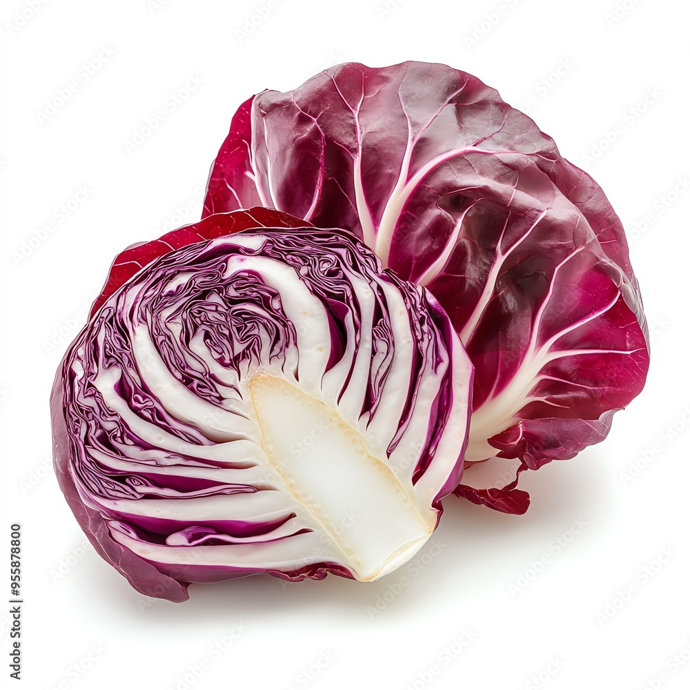 Obraz premium Fresh red radicchio lettuce, half cut, isolated on white background.