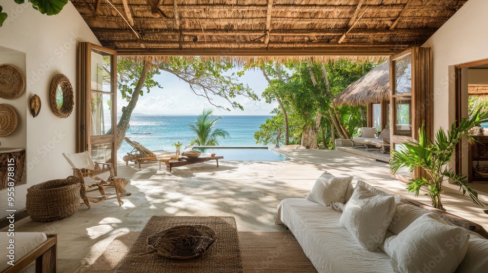 Fototapeta premium Tropical Beachfront Villa Interior Design With White Sofa and Ocean View