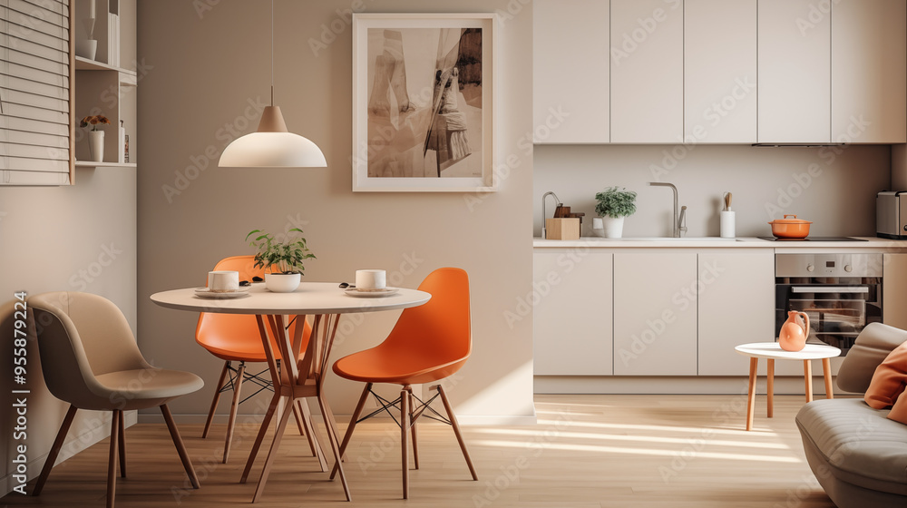 Modern Kitchen Interior Design with Orange Chairs and White Table Modern Kitchen Interior Design with Orange Chairs and White Table