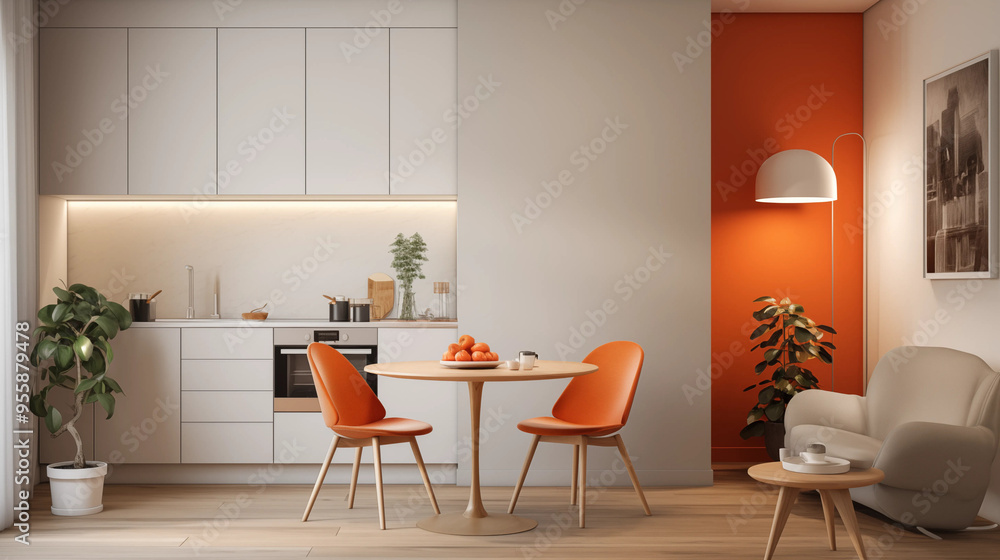 Modern Kitchen Interior Design with Orange Chairs and Table Modern Kitchen Interior Design with Orange Chairs and Table