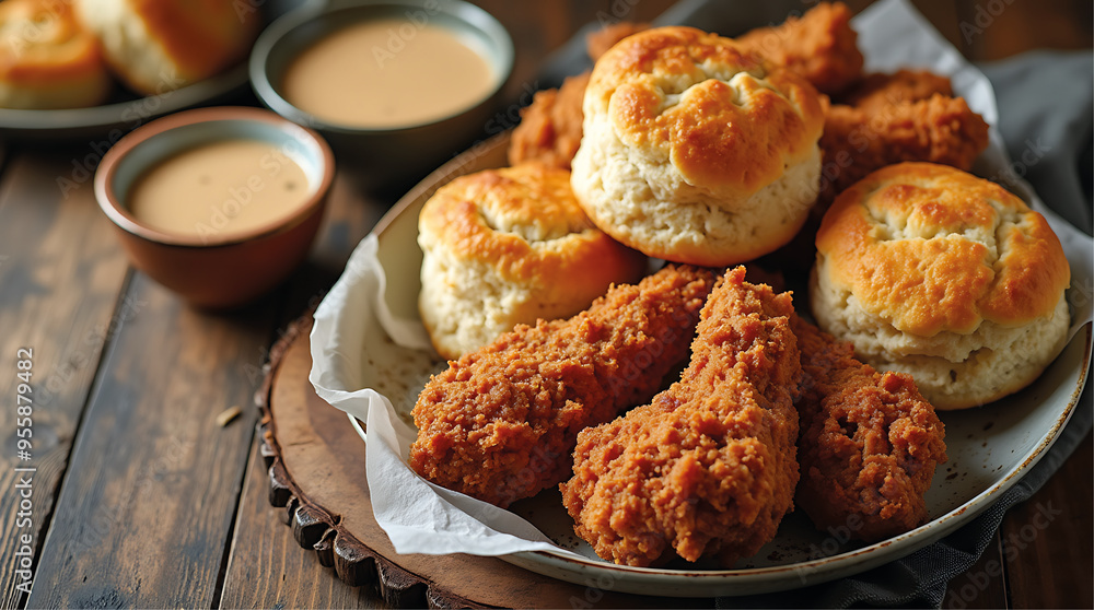 Southern Fried Chicken with Biscuits and Gravy in a Classic Comfort Food Setting Southern Fried Chicken with Biscuits and Gravy in a Classic Comfort Food Setting