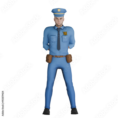 Illustrated 3D Policeman. A male policeman standing in a resting position on the spot. Cartoon Cop