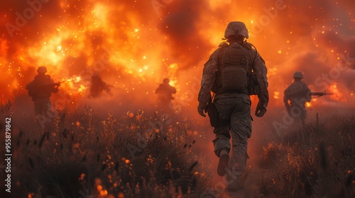 Soldier Walking Through Fire and Smoke on Battlefield