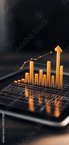 Business growth graph, soaring trajectory, 3D visualization on a tablet