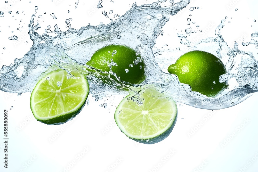 sparkling water with green limes flying, splash transparent water, white background sparkling water with green limes flying, splash transparent water, white background