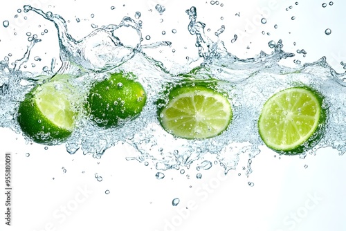 sparkling water with green limes flying, splash transparent water, white background