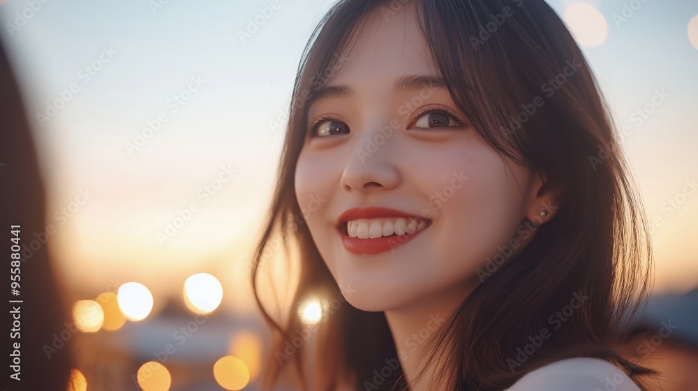 A young woman smiles warmly while enjoying a sunset at a rooftop gathering, highlighting her happiness and the beautiful evening atmosphere. A young woman smiles warmly while enjoying a sunset at a rooftop gathering, highlighting her happiness and the beautiful evening atmosphere.