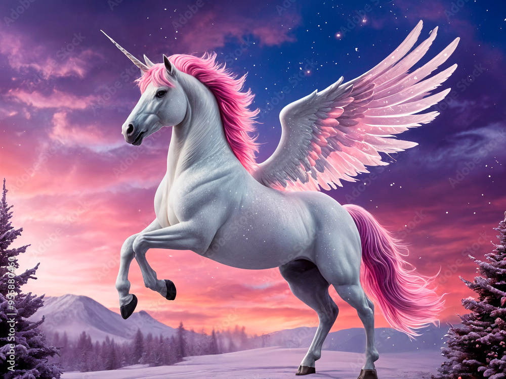 a majestic winged unicorn with a shimmering white coat and a flowing pink mane, soaring through a vibrant sky - generated by ai a majestic winged unicorn with a shimmering white coat and a flowing pink mane, soaring through a vibrant sky - generated by ai