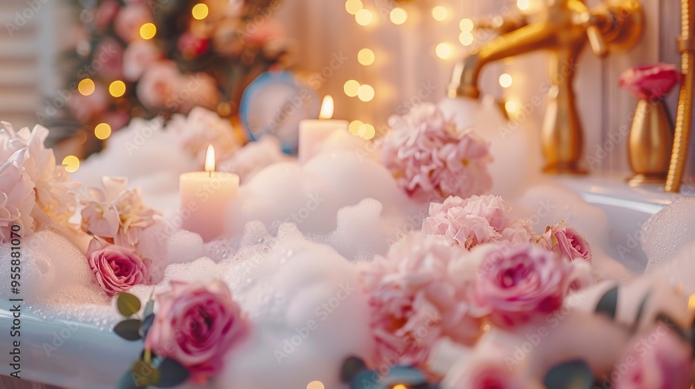 Romantic Bubble Bath with Flowers and Candles Romantic Bubble Bath with Flowers and Candles