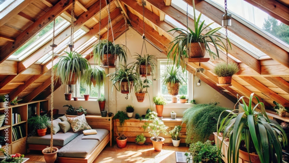 Obraz premium Sunlit Attic Room with Greenery and Skylights