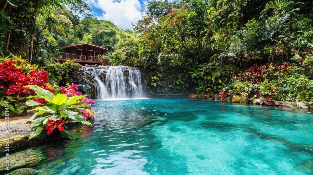 Tropical Waterfall Pool with Lush Greenery and Wooden Structure Tropical Waterfall Pool with Lush Greenery and Wooden Structure