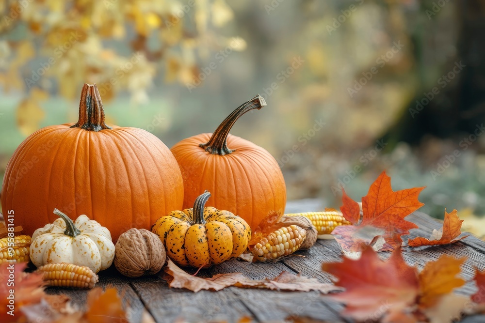 Happy Thanksgiving day. Fresh pumpkins, corn, walnuts and fallen leaves on wooden table outdoors with generative ai Happy Thanksgiving day. Fresh pumpkins, corn, walnuts and fallen leaves on wooden table outdoors with generative ai