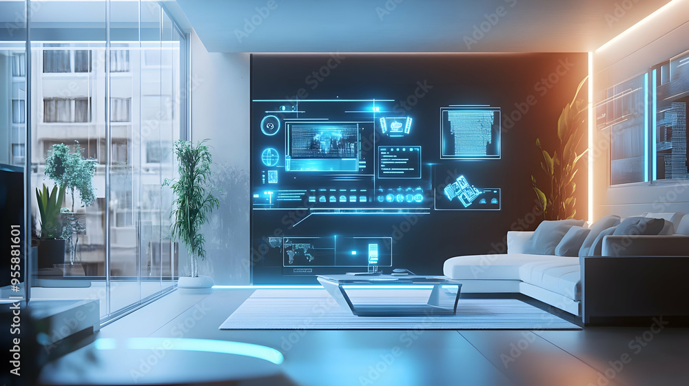 Futuristic Living Room Interior Design with Futuristic Interface 3D Illustration Futuristic Living Room Interior Design with Futuristic Interface 3D Illustration